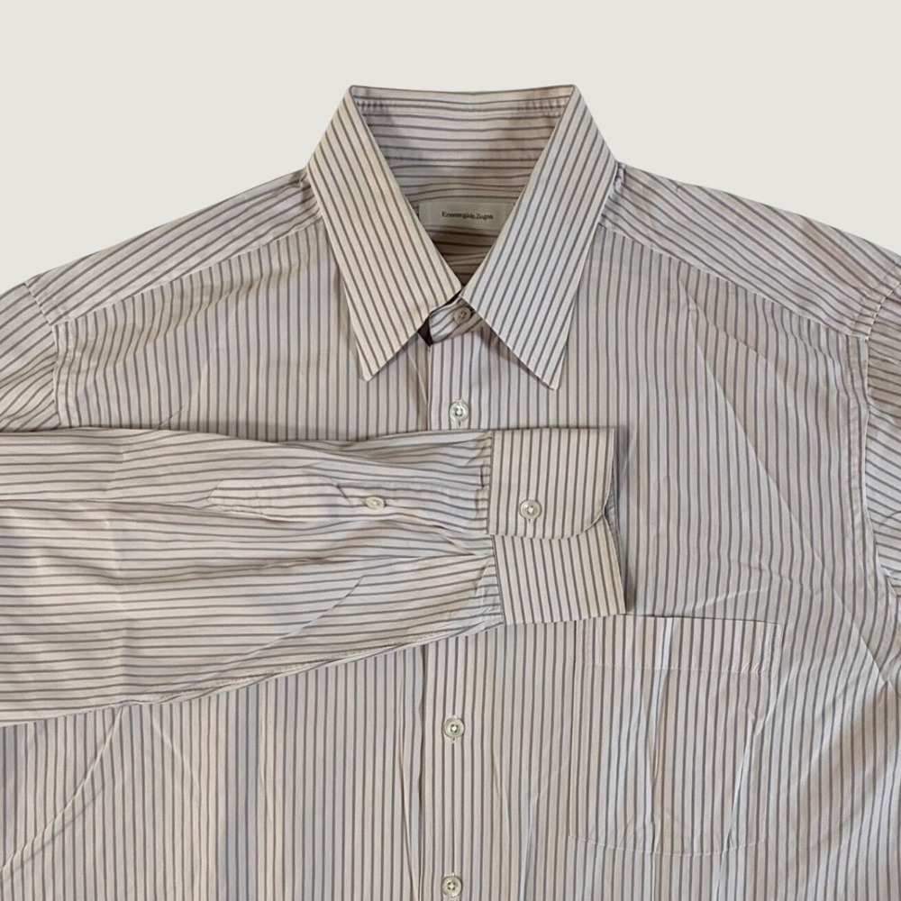 Ermenegildo Zegna Dress Shirt Mens 17.5 Striped Comfort Fit Long Sleeve Pink